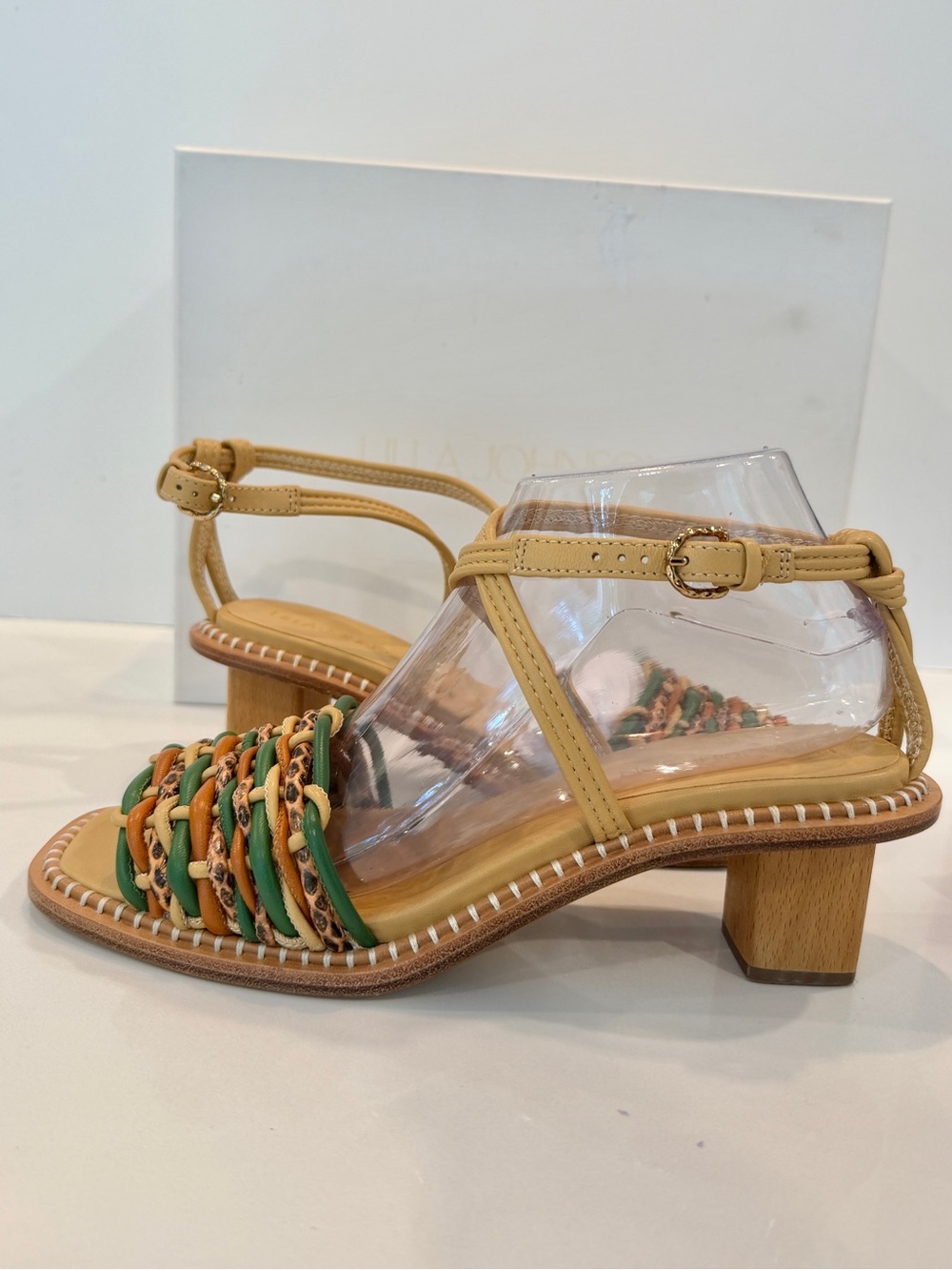 New Ulla Johnson Ilana Woven Sandals Sz 37.5 7.5 Block Heel Clean Beauty Peridot